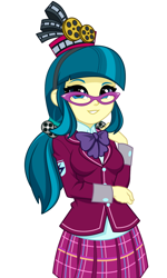 Size: 990x1646 | Tagged: safe, artist:rosemile mulberry, juniper montage, human, equestria girls, equestria girls specials, g4, bowtie, clothes, clothes swap, crystal prep academy uniform, cute, female, film reel, glasses, junibetes, looking at you, pigtails, school uniform, simple background, skirt, smiling, smiling at you, solo, twintails, updated design, white background