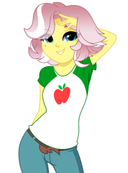 Size: 970x1314 | Tagged: safe, artist:rosemile mulberry, vignette valencia, human, equestria girls, equestria girls series, g4, rollercoaster of friendship, apple, beauty mark, bedroom eyes, belt, clothes, clothes swap, denim, female, food, gradient hair, hand on head, implied applejack, jeans, looking at you, pants, shirt, simple background, smiling, solo, t-shirt, updated design, white background