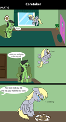 Size: 1920x3516 | Tagged: safe, artist:platinumdrop, derpy hooves, oc, oc:anon, oc:anon stallion, pegasus, pony, comic:caretaker, series:caretaker, g4, 3 panel comic, accident, angry, blood, caretaker, clumsy, comic, commission, couch, crash, crying, curtains, damaged, destruction, door, duo, duo male and female, ears back, excited, eyes closed, faceplant, female, floppy ears, flower, flying, food, front door, frown, happy, i just don't know what went wrong, indoors, living room, male, mare, midair, muffin, newspaper, nosebleed, offscreen character, onomatopoeia, open mouth, ouch, painting, picture frame, plant, raised hoof, sad, scolding, scrunchy face, series, sitting, smiling, sobbing, sound effects, speech bubble, spread wings, stallion, stern, stubble, surprised, talking, tears of sadness, tongue out, vase, window, wings, wings down, yelling