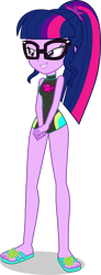 Size: 1525x4164 | Tagged: safe, alternate version, artist:dustinwatsongkx, edit, sci-twi, twilight sparkle, human, equestria girls, g4, my little pony equestria girls: better together, accessory swap, barefoot, clothes, clothes swap, feet, female, fluttershy's one-piece swimsuit, glasses, one-piece swimsuit, sandals, simple background, solo, swimsuit, swimsuit edit, swimsuit swap, transparent background, vector, wetsuit