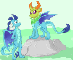 Size: 1289x1049 | Tagged: safe, artist:pzkratzer, princess ember, thorax, changedling, changeling, g4, duo, female, flockmod, interspecies, king thorax, male, rock, shapeshifting, ship:embrax, shipping, straight, transformation