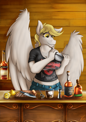 Size: 1240x1750 | Tagged: safe, artist:jamescorck, derpy hooves, pegasus, anthro, g4, alcohol, breasts, busty derpy hooves, clothes, cocktail shaker, drink, food, judas priest, lemon, pants, shirt, solo