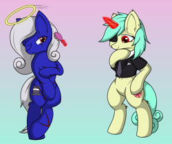 Size: 4300x3600 | Tagged: safe, artist:lone wolf, oc, oc only, oc:miss yin, oc:seven sister, oc:银小姐, earth pony, pony, unicorn, belly, belly button, bipedal, brushing, brushing mane, clothes, comb, earth pony oc, eye scar, facial scar, featureless crotch, female, gradient background, horn, interchange, magic, mare, nudity, scar, sexy, standing, standing on two hooves, unhappy, unicorn oc