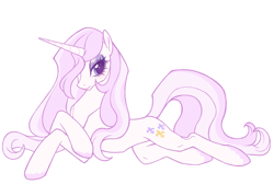 Size: 2517x1802 | Tagged: safe, artist:frowoppy, fleur-de-lis, pony, unicorn, g4, beautiful, belly, concave belly, female, horn, long horn, looking at you, lying down, mare, miss fleur is trying to seduce us, prone, simple background, slender, solo, sparkly eyes, thin, unshorn fetlocks, white background, wingding eyes