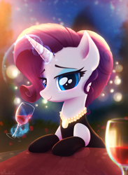 Size: 2568x3512 | Tagged: safe, artist:harukiicat, rarity, pony, unicorn, g4, alcohol, black dress, clothes, cute, date, dress, drink, female, glowing, glowing horn, high res, horn, jewelry, looking at you, magic, magic aura, mare, necklace, pearl necklace, raribetes, solo, wine
