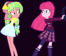 Size: 772x658 | Tagged: safe, artist:sarahalen, lemon zest, pinkie pie, human, equestria girls, friendship games, g4, alternate universe, base used, black background, clothes, clothes swap, costume, crystal prep academy uniform, duo, duo female, female, looking at each other, looking at someone, pigtails, rivals, role reversal, school uniform, simple background, straight hair, uniform