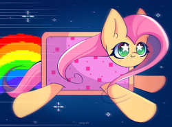 Size: 2700x2000 | Tagged: safe, artist:miryelis, fluttershy, pegasus, pony, g4, :3, big ears, clothes, costume, cute, female, flying, high res, long hair, mare, nyan cat, rainbow, shyabetes, simple background, smiling, solo, starry eyes, wingding eyes