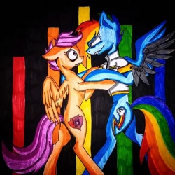 Size: 640x640 | Tagged: safe, artist:drawn.the_rabbit, rainbow dash, scootaloo, pegasus, pony, fanfic:rainbow factory, g4, amputee, artificial wings, augmented, better source needed, bipedal, clothes, concave belly, duo, fanfic art, floppy ears, grin, holding each other, lab coat, liquid rainbow, looking at each other, looking at someone, prosthetic limb, prosthetic wing, prosthetics, slender, smiling, spectra, standing, teeth, thin, torn ear, traditional art, wings