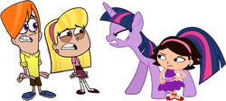 Size: 1047x468 | Tagged: safe, artist:cloudy glow, edit, editor:incredibubbleirishguy, vector edit, twilight sparkle, alicorn, pony, g4, angry, body swap, brown eyes, camp lakebottom, crossover, green eyes, jordan buttsquat, june (little einsteins), link in source, little einsteins, purple eyes, scared, suzi, swap, twilight sparkle (alicorn), vector