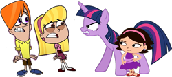 Size: 1047x468 | Tagged: safe, artist:cloudy glow, edit, editor:incredibubbleirishguy, vector edit, twilight sparkle, alicorn, pony, g4, angry, body swap, brown eyes, camp lakebottom, crossover, female, green eyes, jordan buttsquat, june (little einsteins), link in source, little einsteins, mare, purple eyes, scared, simple background, suzi, swap, transparent background, twilight sparkle (alicorn), vector