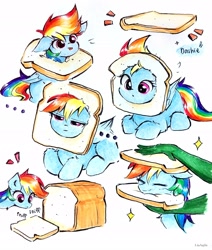 Size: 1935x2279 | Tagged: safe, artist:liaaqila, rainbow dash, human, pegasus, pony, g4, ..., bread, bread head, breading, cat breading, chest fluff, cute, dashabetes, disembodied hand, emanata, eyes closed, female, folded wings, food, hand, high res, liaaqila is trying to murder us, liaaqila is trying to murder us with dashabetes, looking at something, lying down, mare, ponyloaf, prone, question mark, simple background, sitting, sniffing, solo, sparkles, tongue out, traditional art, weapons-grade cute, white background, wings