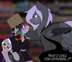 Size: 1000x864 | Tagged: safe, artist:woofpoods, oc, oc:ennui, oc:strobestress, pegasus, pony, unicorn, bag, blushing, chest fluff, cute, ear fluff, embarrassed, female, flirting, glowing, glowing blush, glowstick, heart, height difference, looking at each other, looking at someone, male, mare, multicolored hair, nodding, paper bag, photo, rainbow hair, romance, romantic, short, shy, speech bubble, stallion, straight, tall, text, tired eyes