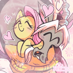 Size: 800x800 | Tagged: safe, edit, editor:flutterinreallife, idw, discord, fluttershy, draconequus, pegasus, pony, g4, spoiler:comic24, ^^, blushing, cropped, cute, daaaaaaaaaaaw, discute, eyes closed, female, happy, heart, hug, male, ship:discoshy, shipping, snaggletooth, straight