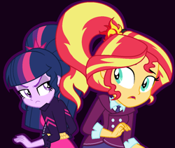 Size: 968x816 | Tagged: safe, artist:sarahalen, sunset shimmer, twilight sparkle, human, equestria girls, friendship games, g4, alternate universe, base used, black background, clothes, clothes swap, costume, crystal prep academy uniform, duo, duo female, female, ponytail, rivals, role reversal, school uniform, simple background