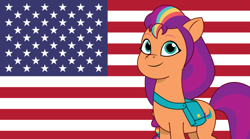 Size: 3485x1936 | Tagged: safe, artist:edy_january, artist:prixy05, sunny starscout, earth pony, pony, g5, my little pony: tell your tale, american flag, country, flag, looking at you, smiling, smiling at you, solo, united states, vector, wallpaper
