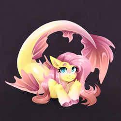 Size: 1928x1911 | Tagged: safe, artist:buvanybu, fluttershy, merpony, pegasus, pony, seapony (g4), collaboration:bestiary of fluttershy, g4, black background, blue eyes, blushing, chest fluff, cloven hooves, collaboration, cute, digital art, dorsal fin, ethereal mane, eyelashes, female, fin, fin wings, fins, fish tail, flowing tail, looking at you, lying down, mare, pink mane, pink tail, seaponified, seapony fluttershy, shyabetes, simple background, smiling, smiling at you, solo, sparkles, species swap, starry mane, starry tail, stars, tail, unshorn fetlocks, wings