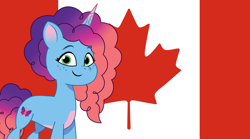 Size: 3485x1936 | Tagged: safe, artist:edy_january, artist:prixy05, misty brightdawn, pony, unicorn, g5, my little pony: tell your tale, canada, canadian, canadian flag, concave belly, flag, gradient hair, gradient horn, gradient mane, gradient tail, horn, pale belly, quadrupedal, rebirth misty, simple background, solo, standing, tail, vector used, wallpaper