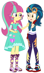 Size: 1452x2408 | Tagged: safe, artist:sarahalen, indigo zap, sour sweet, human, equestria girls, g4, alternate universe, clothes swap, duo, duo female, female, role reversal, simple background, white background