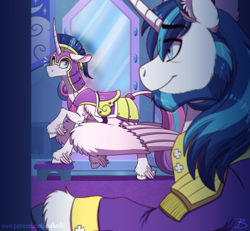 Size: 2165x2000 | Tagged: safe, artist:inuhoshi-to-darkpen, princess flurry heart, shining armor, alicorn, pony, unicorn, g4, alternate universe, armor, beard, caught, ear fluff, emanata, eyebrows, eyebrows visible through hair, facial hair, father and child, father and daughter, female, high res, large wings, leg fluff, looking at each other, looking at someone, male, mare, mirror, older, older flurry heart, older shining armor, royal guard armor, smiling, stallion, unshorn fetlocks, warrior flurry heart, wings