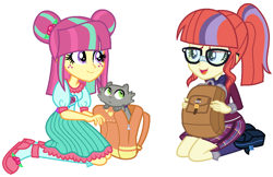 Size: 1000x646 | Tagged: safe, artist:sarahalen, moondancer, sour sweet, cat, human, equestria girls, g4, my little pony equestria girls: friendship games, alternate universe, bag, clothes, costume, crystal prep academy uniform, duo, duo female, equestria girls-ified, female, glasses, kitten, role reversal, school uniform, simple background, uniform, white background
