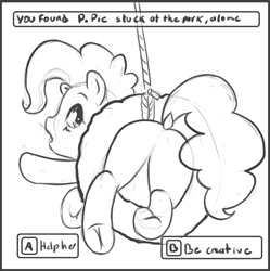 Size: 1720x1726 | Tagged: safe, artist:stratodraw, pinkie pie, earth pony, pony, g4, balloonbutt, butt, buttstuck, cute, monochrome, plot, sketch, solo, stuck, swing, text