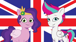 Size: 3485x1936 | Tagged: safe, artist:edy_january, artist:prixy05, pipp petals, zipp storm, pegasus, pony, g5, my little pony: tell your tale, british, british flag, colored wings, concave belly, duo, duo female, england, female, flag, folded wings, looking at you, multicolored wings, physique difference, quadrupedal, royal sisters (g5), siblings, simple background, sisters, slender, smiling, smiling at you, standing, thin, union jack, united kingdom, vector used, wallpaper, wings