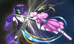 Size: 1667x1000 | Tagged: safe, artist:shamziwhite, rarity, sweetie belle, oc, oc:facade, changeling, nightmare dress monster, unicorn, anthro, g4, breasts, busty rarity, clash, cleavage, clothes, commission, crossover, dress, evening gloves, fight, gloves, gritted teeth, latex, latex dress, living clothes, living latex, long gloves, mask, paw socks, possessed, sailor moon (series), sword, teeth, weapon