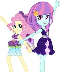 Size: 910x1062 | Tagged: safe, artist:sarahalen, fluttershy, sunny flare, human, equestria girls, equestria girls specials, g4, my little pony equestria girls: dance magic, alternate universe, base used, clothes swap, duo, duo female, female, role reversal, simple background, white background