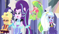 Size: 2860x1644 | Tagged: safe, artist:sarahalen, artist:yaya54320bases, applejack, lemon zest, rarity, starlight glimmer, sugarcoat, human, equestria girls, equestria girls specials, g4, my little pony equestria girls: dance magic, alternate universe, base used, clothes swap, female, flamenco dress, glasses, group, role reversal, sunset shimmer flamenco dress