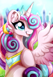 Size: 1859x2711 | Tagged: safe, artist:woonborg, gameloft, princess flurry heart, alicorn, pony, g4, chest fluff, crystal empire, ear fluff, female, future, high res, jewelry, mare, older, older flurry heart, open mouth, regalia, solo, spread wings, wings