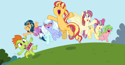 Size: 1840x958 | Tagged: safe, artist:cookiechans2, artist:sarahalen, indigo zap, lemon zest, moondancer, sour sweet, sugarcoat, sunny flare, sunset shimmer, thorax, alicorn, dragon, earth pony, pegasus, pony, unicorn, g4, alicornified, alternate universe, base used, earth pony lemon zest, earth pony sugarcoat, equestria girls ponified, female, glasses, male, mare, moondancercorn, pegasus indigo zap, pegasus sour sweet, ponified, race swap, role reversal, thorax the dragon, unicorn sunny flare