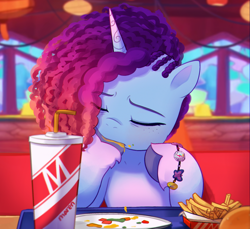 Size: 1570x1436 | Tagged: safe, artist:maren, misty brightdawn, pony, unicorn, g5, blurry background, bracelet, burger, cornrows, crystal tea room, cute, depth of field, drink, eating, eye clipping through hair, eyebrows, eyebrows visible through hair, eyes closed, female, food, freckles, french fries, friendship bracelet, hamburger, hoof in mouth, jewelry, mare, messy eating, mistybetes, rebirth misty, restaurant, scene interpretation, signature, solo, spider-man: into the spider-verse, unshorn fetlocks