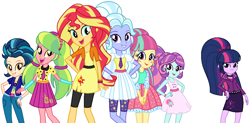 Size: 1156x568 | Tagged: safe, artist:sarahalen, indigo zap, lemon zest, sour sweet, sugarcoat, sunny flare, sunset shimmer, human, equestria girls, g4, alternate universe, humane five, humane seven, humane six, role reversal, simple background, white background