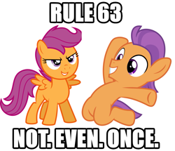 Size: 1481x1275 | Tagged: safe, scootaloo, tender taps, earth pony, pegasus, pony, g4, on your marks, caption, colt, duo, female, filly, foal, image macro, impact font, male, meme, not even once, rule 63, simple background, text, white background