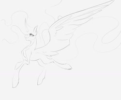 Size: 1280x1055 | Tagged: safe, artist:anekomori, alicorn, pony, concave belly, curved horn, ethereal mane, ethereal tail, eyelashes, flying, gray background, horn, large wings, long horn, long mane, long tail, looking forward, missing wing, monochrome, open mouth, simple background, sketch, slender, solo, spread wings, sternocleidomastoid, tail, thin, wings