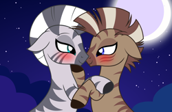 Size: 2312x1513 | Tagged: safe, artist:badumsquish, derpibooru exclusive, zecora, oc, oc:generic messy hair anime anon, pony, zebra, g4, blushing, cuddling, duo, eye contact, eyes on the prize, female, full moon, hoof on chin, human to zebra, lesbian, looking at each other, looking at someone, male to female, missing accessory, moon, night, post-transformation, rule 63, show accurate, sitting, smiling, species swap, stars, transformation, transgender transformation, zebrafied, zebranon