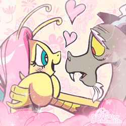 Size: 800x800 | Tagged: safe, edit, editor:flutterinreallife, idw, discord, fluttershy, draconequus, pegasus, pony, g4, spoiler:comic, spoiler:comic78, blushing, cosmos (arc), cropped, female, happy, heart, holding a pony, male, ship:discoshy, shipping, snaggletooth, straight