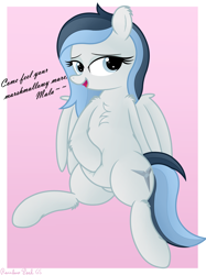 Size: 3016x4032 | Tagged: safe, artist:rainbowšpekgs, oc, oc only, oc:haze northfleet, pegasus, pony, belly, chest fluff, chubby, female, hoof on belly, looking at you, open mouth, pegasus oc, round belly, solo, spread wings, wings