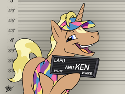 Size: 2000x1500 | Tagged: safe, artist:potes, pony, unicorn, barbie (film), barbie mugshot meme, blaze (coat marking), coat markings, crossover, facial markings, heart, heart mark, ken, male, meme, mugshot, ponified, solo, stallion