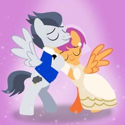 Size: 1400x1400 | Tagged: safe, artist:mlplary6, rumble, scootaloo, pegasus, pony, g4, bride, clothes, dancing, dress, eyes closed, female, groom, husband and wife, just married, male, mare, marriage, married couple, older, older rumble, older scootaloo, ship:rumbloo, shipping, stallion, straight, tuxedo, wedding, wedding dress