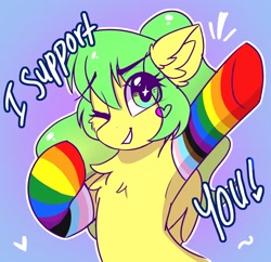 Size: 2048x1983 | Tagged: safe, artist:sonigiraldo, oc, oc only, pony, clothes, ear fluff, female, gradient background, mare, one eye closed, pride month, rainbow socks, socks, solo, striped socks, wink