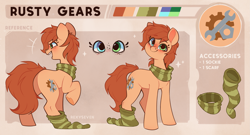 Size: 3203x1729 | Tagged: safe, artist:rexyseven, oc, oc only, oc:rusty gears, earth pony, pony, blue eyes, blushing, closed mouth, clothes, earth pony oc, female, freckles, frog (hoof), green eyes, heterochromia, looking at you, mare, nose wrinkle, open mouth, palindrome get, raised hoof, reference sheet, scarf, smiling, smiling at you, sock, socks, solo, sparkles, standing, striped scarf, striped socks, text, underhoof