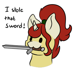 Size: 1392x1284 | Tagged: safe, artist:noxi1_48, oc, oc:treble pen, pony, unicorn, daily dose of friends, bust, mouth hold, simple background, solo, sword, transparent background, weapon