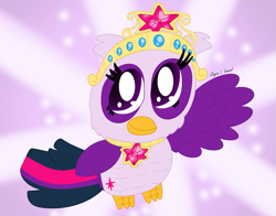 Size: 1009x792 | Tagged: safe, artist:harmonybunny2021, twilight sparkle, alicorn, bird, owl, pony, g4, big crown thingy, birdified, crown, element of magic, jewelpet, jewelry, regalia, solo, species swap, twilight sparkle (alicorn)