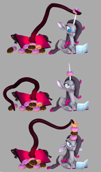 Size: 1920x3240 | Tagged: safe, artist:pika-robo, fhtng th§ ¿nsp§kbl, oleander (tfh), classical unicorn, demon, pony, unicorn, them's fightin' herds, 3 panel comic, 3d, book, cloven hooves, comic, community related, donut, female, food, gray background, horn, horn impalement, leonine tail, long horn, oleander is not amused, simple background, source filmmaker, tail, tentacles, tfh moods, the uses of unicorn horns, unamused, unicornomicon, unshorn fetlocks