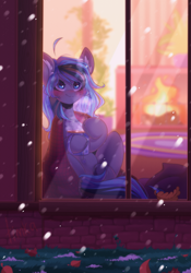 Size: 2800x4000 | Tagged: safe, artist:yuozka, oc, oc:luny, pegasus, pony, coffee, cozy, cute, female, fire, fireplace, leaves, mare, rug, snow, snowfall, solo, window, winter