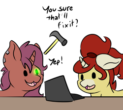 Size: 1492x1335 | Tagged: safe, artist:noxi1_48, oc, oc only, oc:treble pen, pony, unicorn, daily dose of friends, computer, duo, hammer, laptop computer, open mouth, open smile, simple background, smiling, transparent background