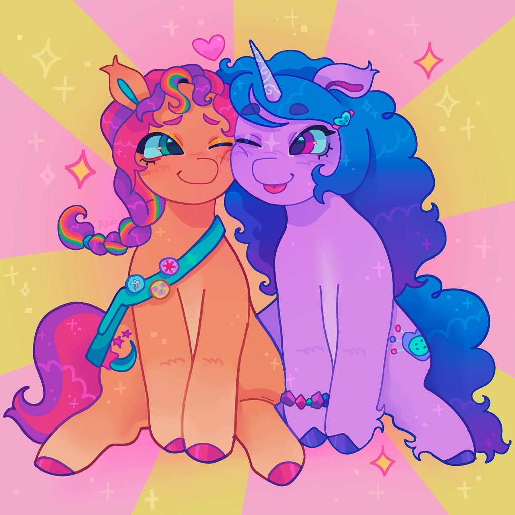 [bag,bracelet,clothes,earth pony,female,g5,heart,jewelry,lesbian,pony,safe,shipping,sparkles,squishy cheeks,unicorn,cutie mark on clothes,cheek to cheek,sunny starscout,izzy moonbow,izzyscout,artist:ariariari.png]