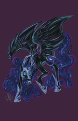 Size: 3300x5100 | Tagged: safe, artist:ashley-the-muffin, nightmare moon, alicorn, pony, g4, absurd resolution, blue eyes, blue mane, blue tail, crouching, digital art, ethereal mane, ethereal tail, eyelashes, eyeshadow, fangs, feather, female, flowing mane, flowing tail, helmet, hoof shoes, horn, large wings, lidded eyes, long horn, long mane, long tail, makeup, mare, peytral, princess shoes, purple background, raised hoof, signature, simple background, slender, solo, sparkles, spine, spread wings, starry mane, starry tail, stars, tail, teeth, thin, wings