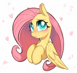 Size: 1000x952 | Tagged: safe, artist:inkypuso, fluttershy, pegasus, pony, g4, big eyes, blushing, bust, crying, cute, female, floating heart, folded wings, heart, looking at you, mare, shyabetes, simple background, smiling, smiling at you, solo, teary eyes, white background, wings